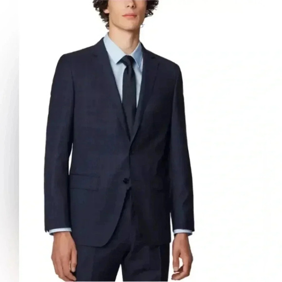 HUGO BOSS HUGE6/GENIUS5 SLIM FIT VIRGIN WOOL NAVY PLAIN CHECK SUIT JACKET  42R - Picture 1 of 13